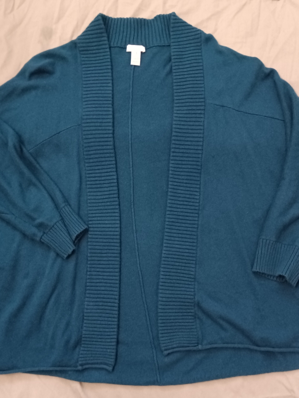 Chico's Dark Teal Open-Front Rib Trim Cardigan Size 4 Cotton Blend